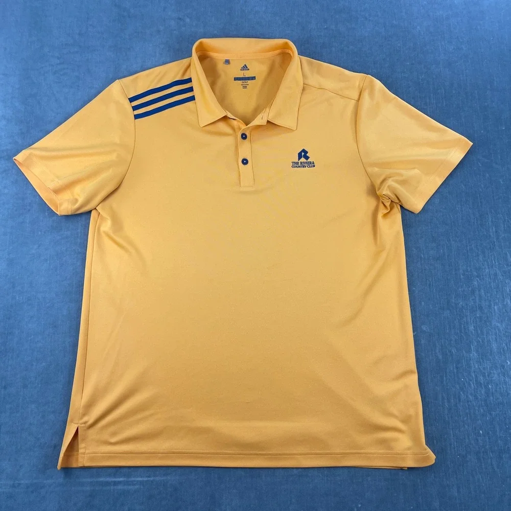 Adidas Mens Large Yellow Polo Shirt Riviera Country Club Golf Stripe